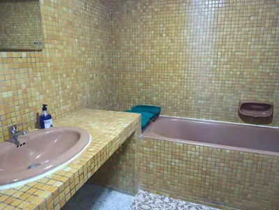 a bathroom with a sink and a bath tub at Spacious Apartment in the heart of downtown Fez in Fès