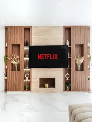 a lobby with a netflix sign on a wall at Villa Ramona, Calme, Luxe et Piscine in Marrakech