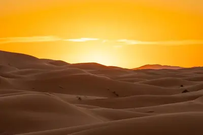 a sunset in the desert with sand dunes at Starlit Desert Camp in Foum Zguid