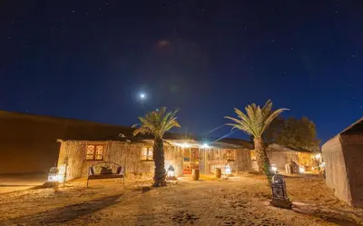 a night view of a desert with palm trees and a building at The Desert Palace in Merzouga