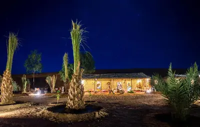 a building with palm trees in front of it at night at The Desert Palace in Merzouga