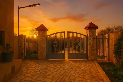 an open gate with a sunset in the background at Tazouta Farm Villa with Private Pool & Mountain Views in Tazouta