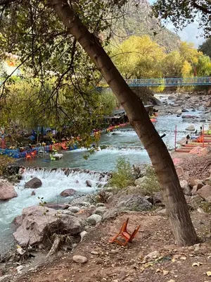 a river with a tree and a bridge in the background at Ôtel Mrrakchi in Irghaf