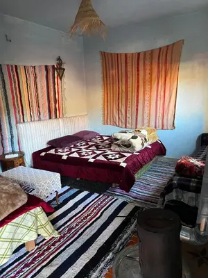 a bedroom with a dog sleeping on a bed at Gite taymate in Zaouia Ben Smine
