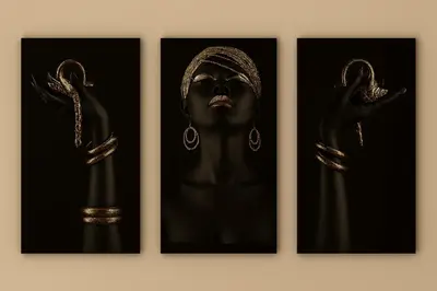 three framed pictures of a woman holding a cane at Nakal in Fès