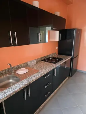 a kitchen with black cabinets and a stainless steel refrigerator at andalus in Fès