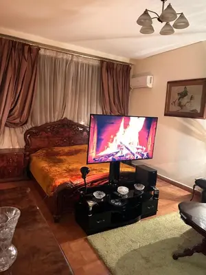a living room with a bed with a flat screen tv at Apparemment fes la momie in Fès