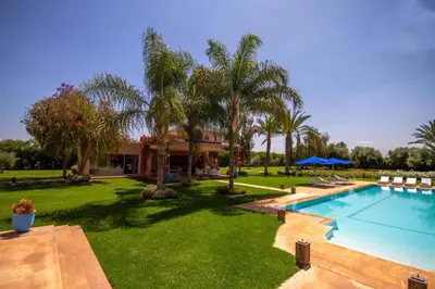a yard with a swimming pool and palm trees at Palais pyar in Najem