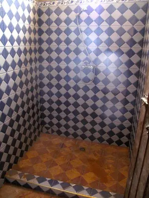 a bathroom with a shower with blue and white tiles at Secret du Sahara in Merzouga