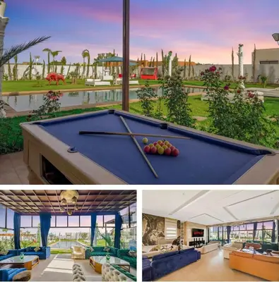 two pictures of a pool table in a house at Villa solea in Marrakech
