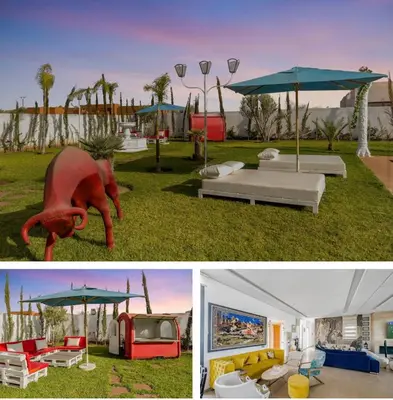 a collage of two pictures of a park with an umbrella at Villa solea in Marrakech