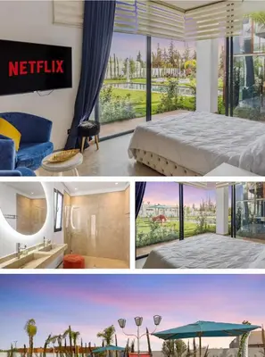 a collage of photos of a hotel room with a bed at Villa solea in Marrakech