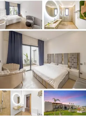 two pictures of a bedroom with a bed and a bathroom at Villa solea in Marrakech