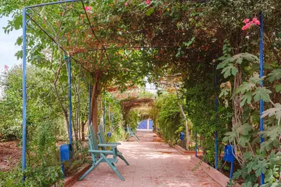a walkway with trees and a green bench on it at Dar Salah - Eddine Oasis Pool & SPA in Marrakech