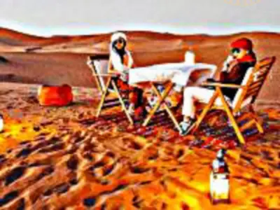 a painting of two people sitting at a table in the desert at Luxury Dune's Camp in Merzouga