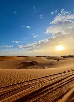 a desert with the sun setting in the horizon at Melody Desert Camp Merzouga in Merzouga