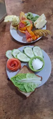 two white plates with sandwiches and vegetables on a table at Camel desert camp in Merzouga