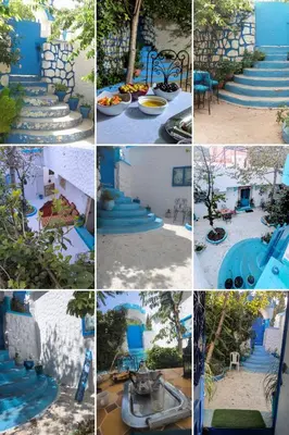 a collage of photos of blue stairs in a city at Gite montana in Aïn Leuh