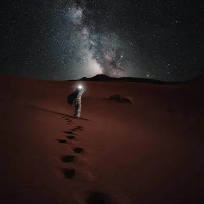 a person standing in the desert with footsteps in the sand at Under 1000 Stars Camp in Merzouga