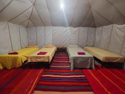two beds in a tent with a rug at Dar chez ali in Mhamid