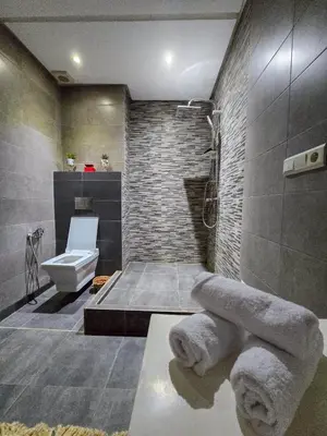 a bathroom with a shower and a toilet and a sink at Dar Muskana