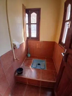 a bathroom with a tiled shower with a bowl in it at Auberge Ighounba in Tinerhir