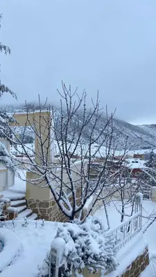 a tree covered in snow next to a house at Boulemane guest house in Boulmane