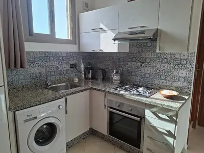 a kitchen with a sink and a washing machine at Appartement cosy avec terrasse et solarium in Oulad Akkou