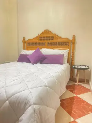 a bedroom with a large bed with purple pillows at Résidence Kawtar in Meknès