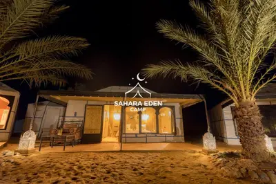a saharan cigar shop at night with a palm tree at Sahara Eden Camp in Merzouga