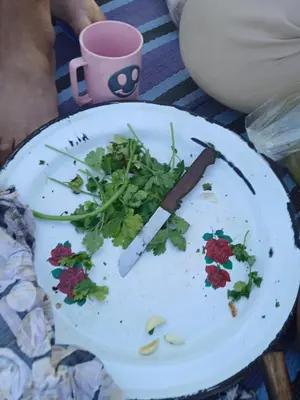 a plate with a knife and some greens on it at Agoudim Nikhartan in Tinerhir