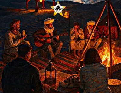 a painting of a group of people sitting around a fire at Merzouga Stellar Camp in Merzouga