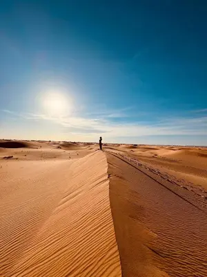 a person standing in the middle of a desert at Connect Nomad - Luxury Camp Merzouga in Merzouga