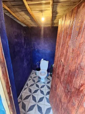 a bathroom with a toilet and a wooden door at Camping Meteorite in Merzane