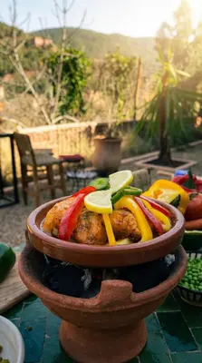 a bowl of food with vegetables on a table at villa lalla Ourika & heated pool in Oulad Akkou