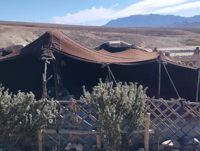 a tent in the middle of a desert with trees at Auberge Palacio Sidi Hamza in Tazrouft