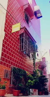 a red brick building with a window and plants at Kasabah Senhaji in Moulay Idriss Zerhoun