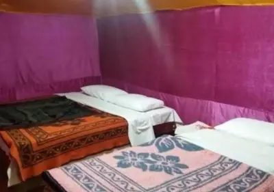 two beds in a room with purple walls at Merzouga Camping Sahara in Hassilabied