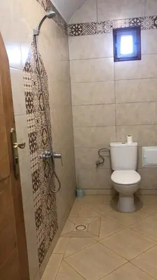 a bathroom with a shower with a toilet and a window at Guest house Kasbah Foum Tizza in Boikhlal