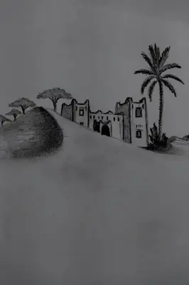 a drawing of a desert with houses and a palm tree at Guest house Kasbah Foum Tizza in Boikhlal