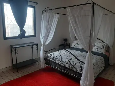 a bedroom with a canopy bed and a red carpet at Villa privative el marjaa in Ouled el guerne