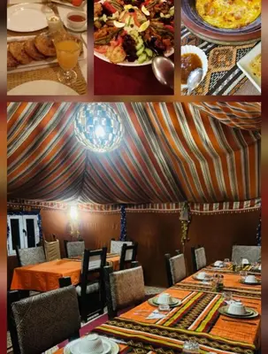 a collage of photos of a restaurant with a table with food at Restaurant Food and Guide in Tisserdmine