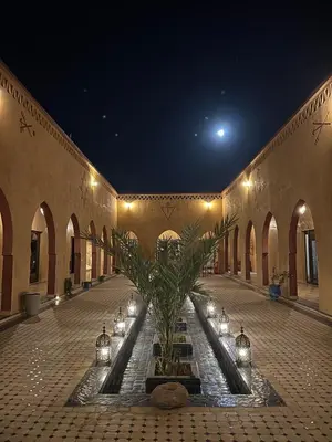 a courtyard with a fountain with lights and a plant at Hotel Berber Palace Merzouga in Merzouga
