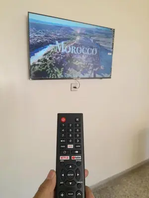 a person holding a remote control in front of a tv at City Center Apartment Fez in Fès