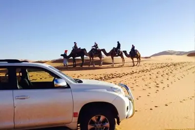 a group of people riding camels in the desert at Gite Omar merzouga in Merzouga