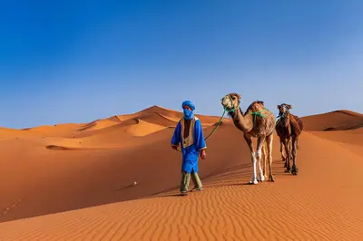 a group of people with camels walking in the desert at Maps of dreams camp in Merzouga