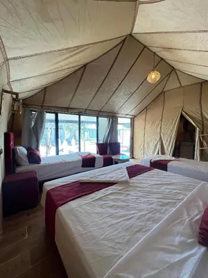 a room with three beds in a tent at Merzouga Sahara Nights Tents in Merzouga
