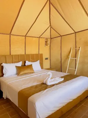 a bed in a tent with a swan on it at Merzouga Sahara Nights Tents in Merzouga