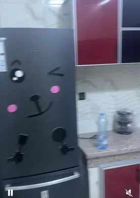 a refrigerator with a face drawn on it in a kitchen at فاس in Fès