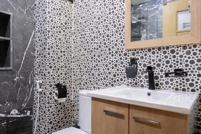 a bathroom with a sink and a shower at Aquarium et Luxe Central in Oulad Akkou